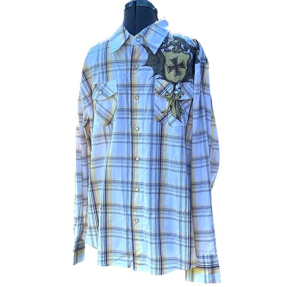 Machine Mens Large Pearl Snap Shirt Light Multicolor Plaid Affliction Style - Picture 1 of 14